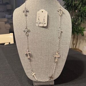 Silver Cross Necklace and Earring Set